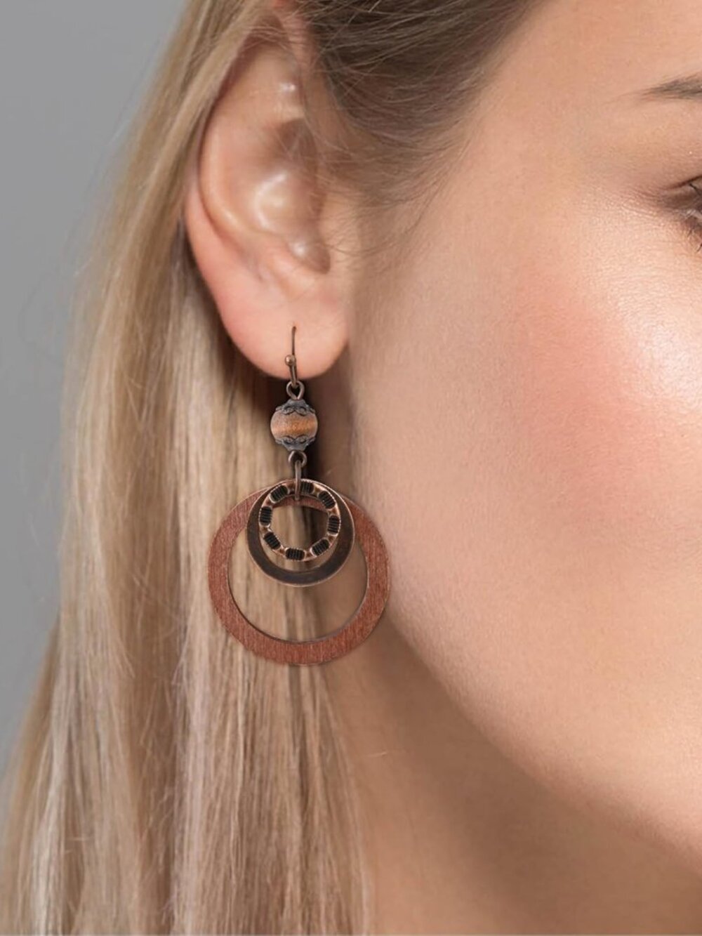 Boho Wooden Earrings For Women With Copper And Wood Circle Dangle Lightweight Ge View 2